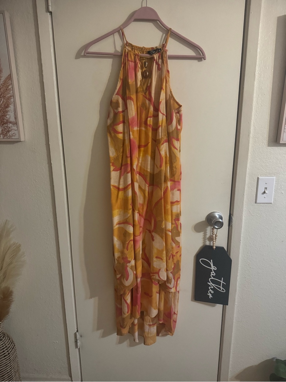 Mlle Gabrielle Yellow Pink Abstract Halter Maxi Dress